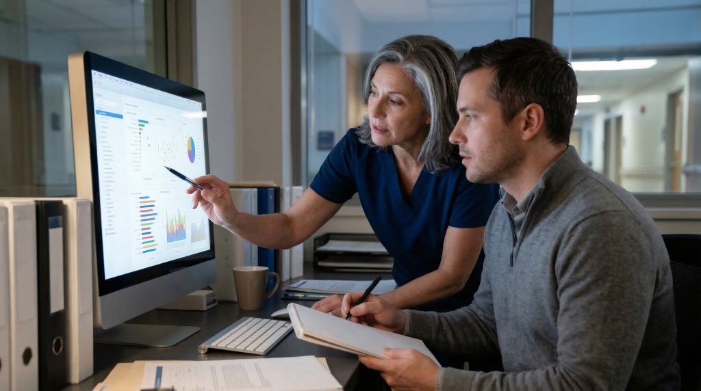 A clinician and a colleague reviewing scheduling data together on screen