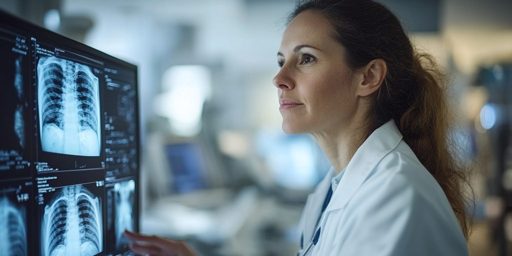 Radiologist reviewing chest X-ray images on a diagnostic monitor